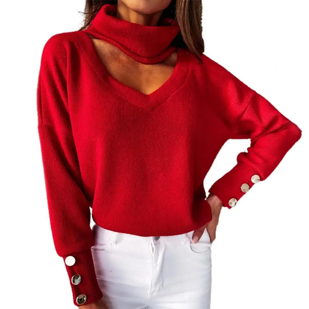 

Женская блузка с V-образным вырезом и длинным рукавом, элегантный ажурный пуловер с манжетами на пуговицах, женская одежда, женская простая ...