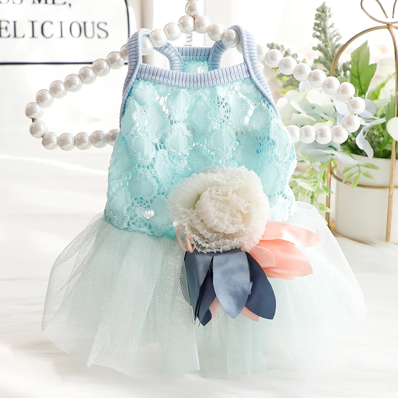 

Summer Pink Blue Cute Pet Dog Clothes Soft Cotton Lace Princess Dress Flower Decor Puppy Clothing Chihuahua For Small Medium Dog