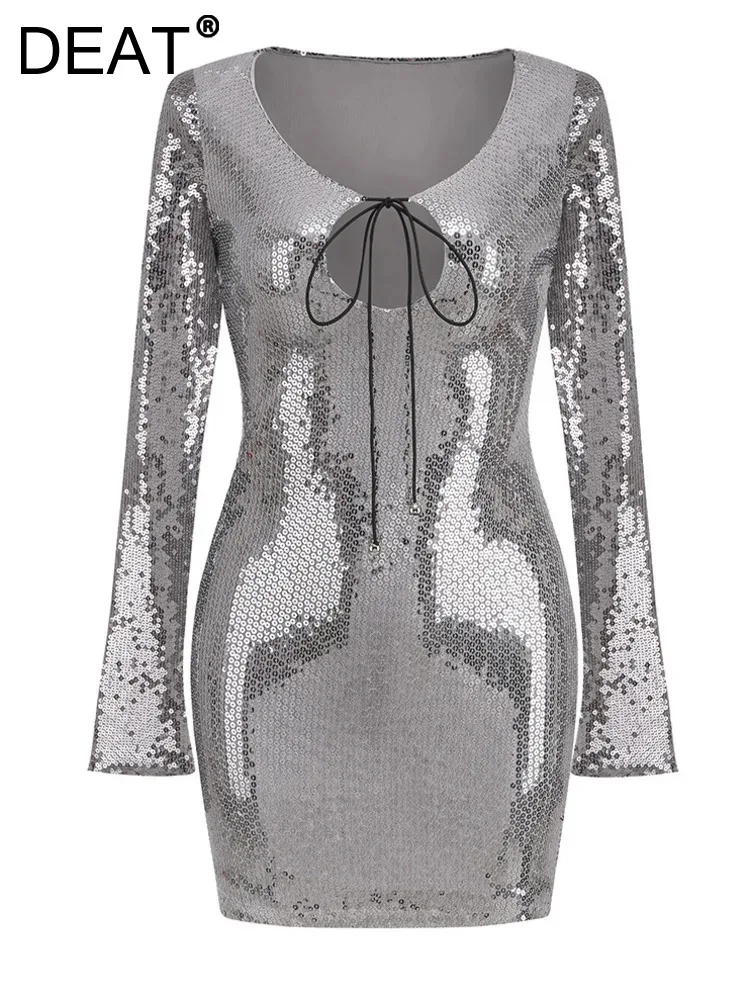 

Женское платье с пайетками DEAT, облегающее короткое платье на завязках с V-образным вырезом, длинными рукавами, разрезом и молнией, осень 2023