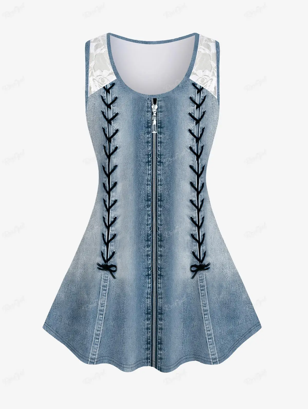 

ROSEGAL Plus Size Lace Panel Graphic Tank Top 3D Zip Lace-up Jean Printed Vest Summer Fashion Sleeveless Tops 5XL