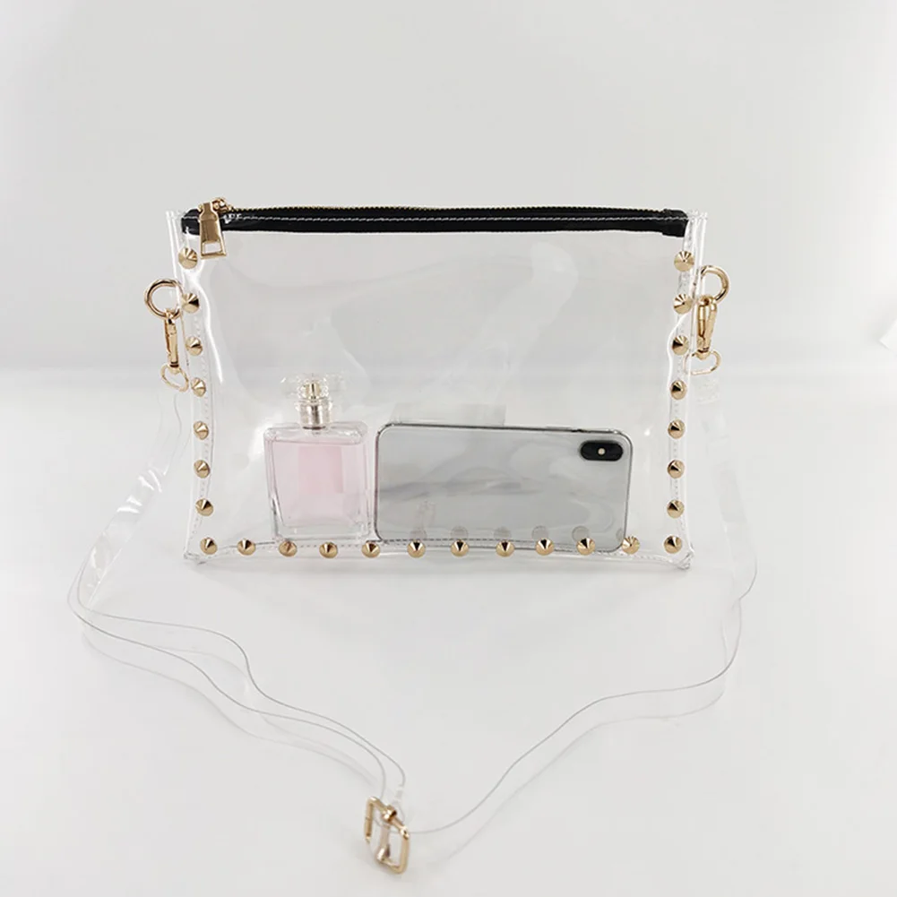 

Fashion Design Bags for Women PVC Clear Transparent Shoulder Bag Lady Cheap Quality Rivet Zipper Stadium Approved Handbag