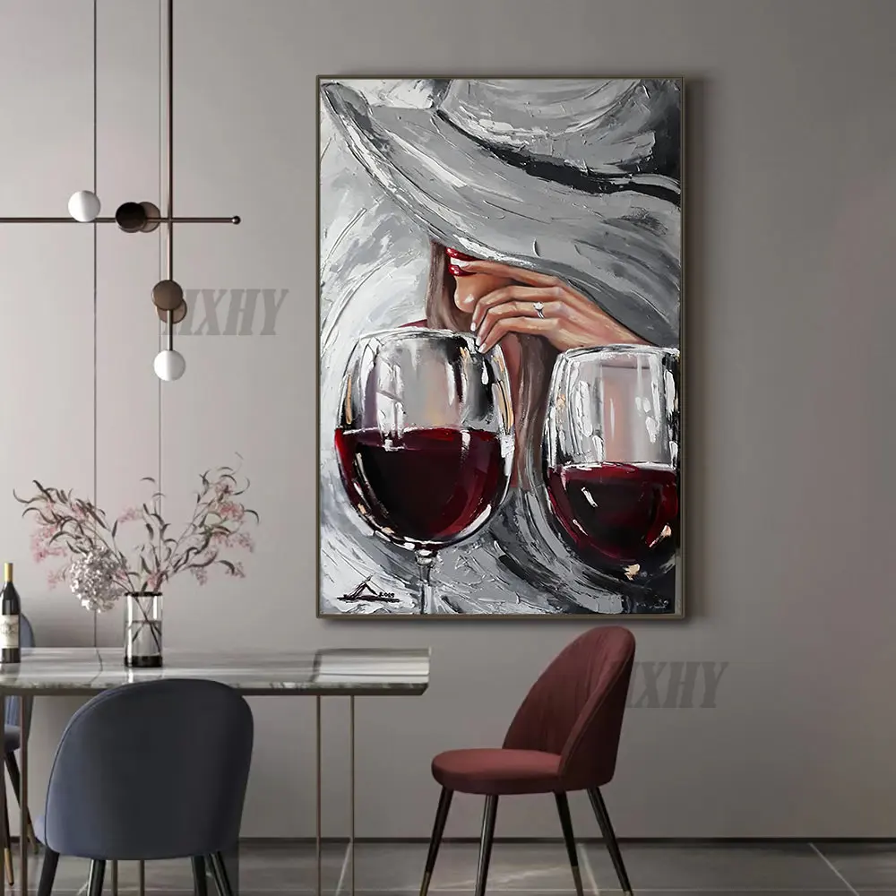 

Modern Hand-painted Grey Oil Painting On Canvas Handmade Nordic Women with Red Wine Glass Wall Art Painting for LivingRoom Decor