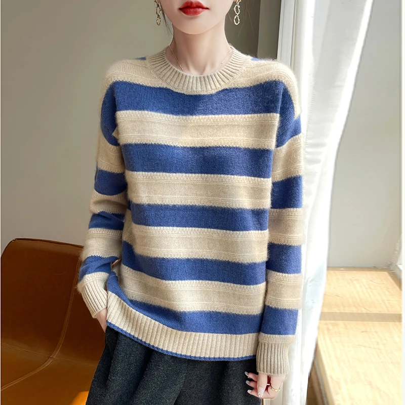 Модный универсальный женский семиконтактный горизонтальный шерстяной свитер из