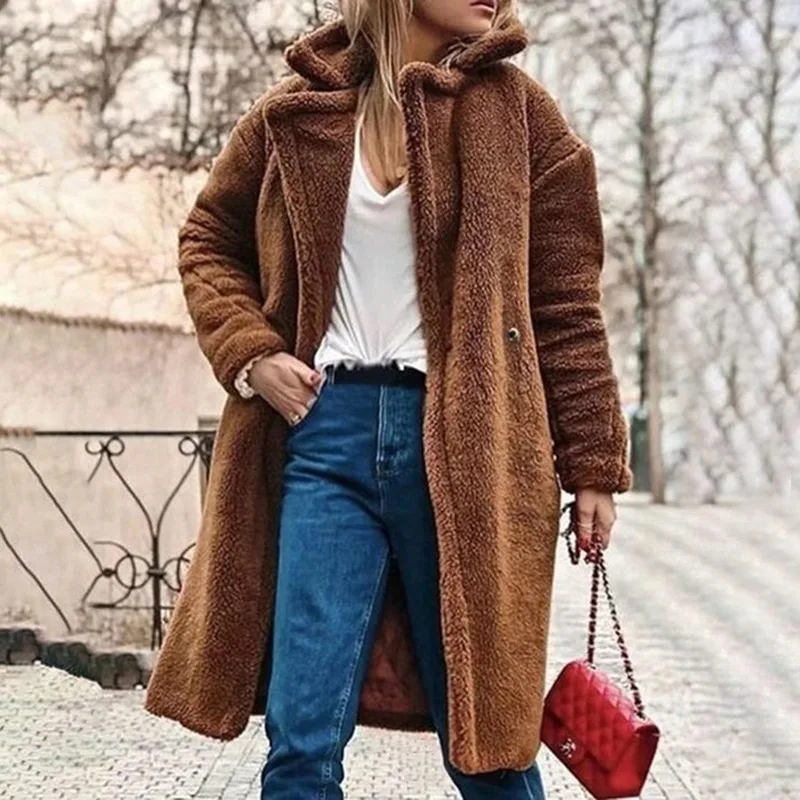 Winter Women Wool Long Coat Jacket Office Lady Warm Fur Coat Wool Blend Cardigan Sexy Top Soild Color Coat Plus Size 2021