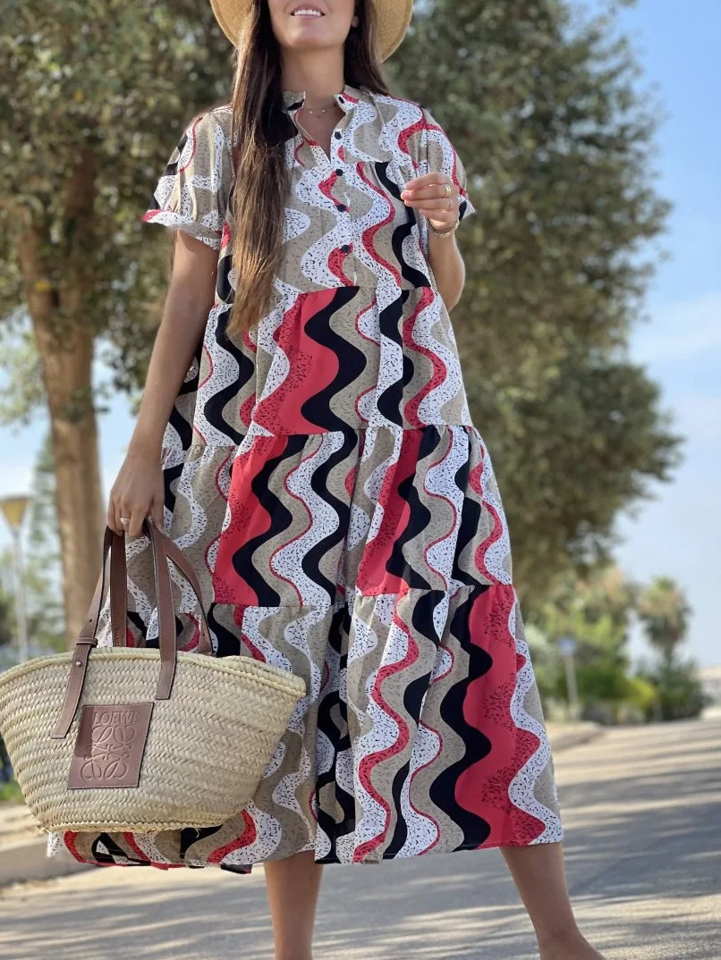 

2023 Summer New Shirt Collar Print Large Swing Short Sleeve Loose Waist Long Dress Comfortable Casual Dresses