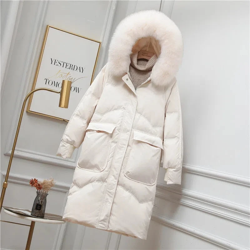 White Duck Down Coat Women 2022 Winter New Fashion Slim High-end  Down Jacket Female Large Size Long Hooded Fur Collar Parkas
