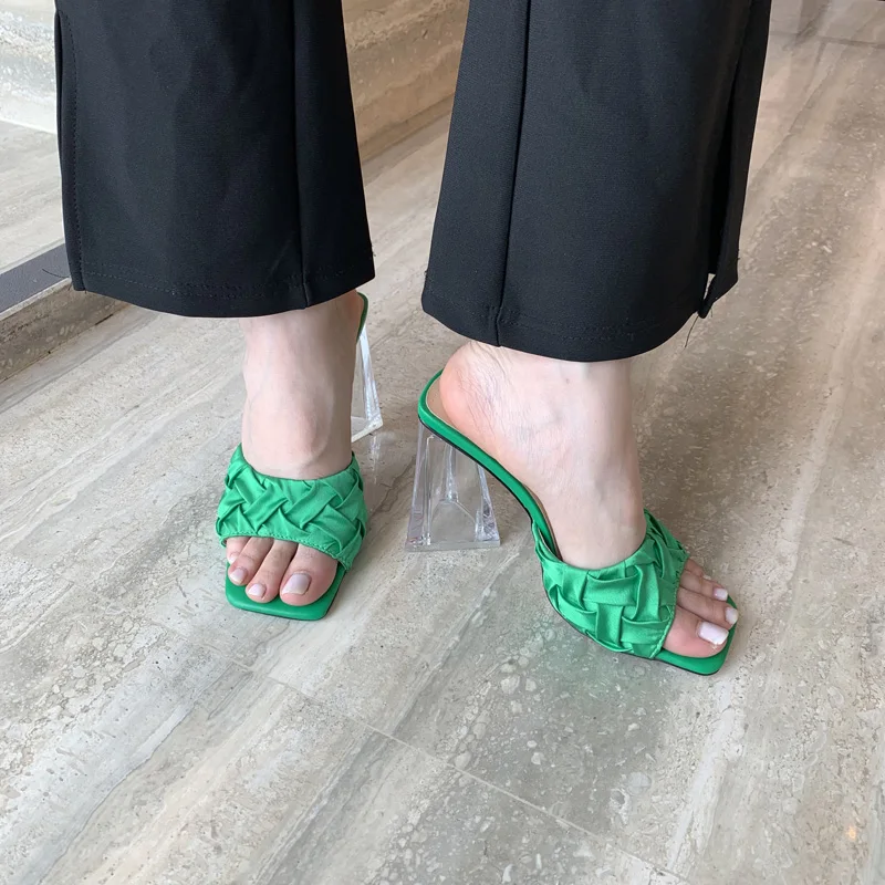 

New Brand Design Weave Women Slipper Thin High Heel Sandal Open Toe Slip On Summer Outdoor Slides Shoes
