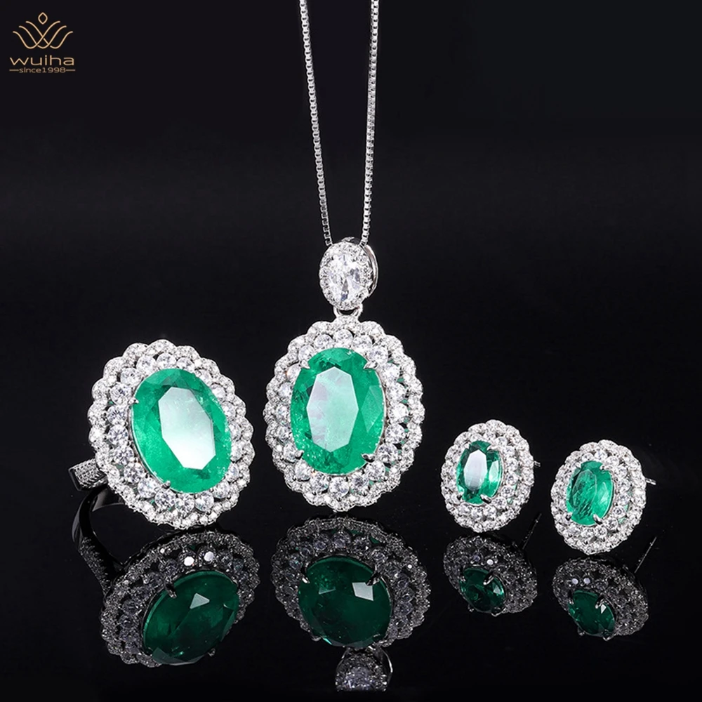 

WUIHA 925 Sterling Silver 12*16MM Emerald Sapphire Courndum Ring/Earrings/Pendant/Necklace Anniversary Jewelry Set Drop Shipping