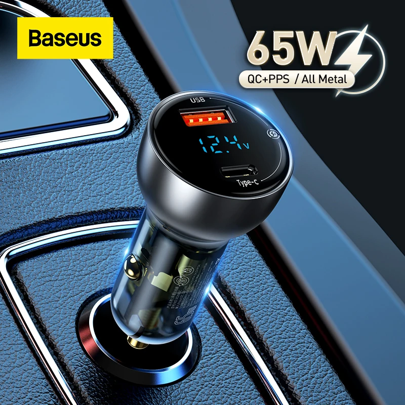 Baseus 65W  PPS Car Charger USB Type C Dual Port PD QC Fast Charging For Laptop Translucent Car Phone Charger For iPhone Samsung