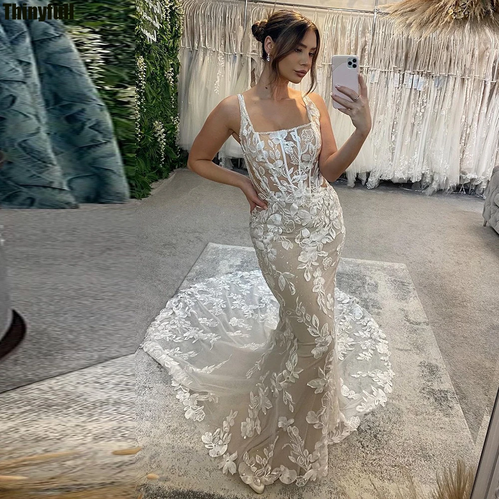 

Thinyfull Mermaid Elegant Wedding Dresses Square Collar Sleeveless Bride Gown Tulle Lace Appliques Bridal Dress Vestido De Novia
