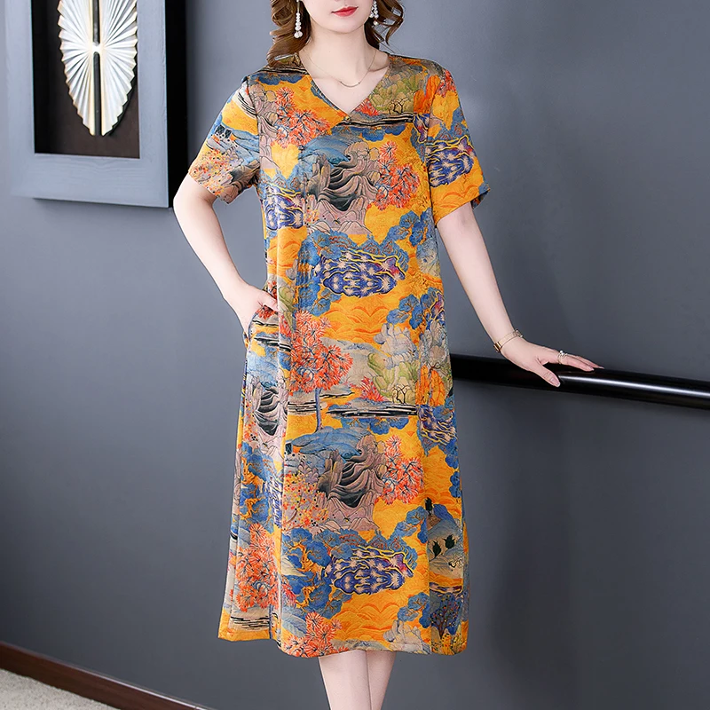 

High End Good Quality Ladies Printed Silk Dress 2022 Summer New Large Size Loose Tight Party Short Sleeve Mini Skirt Vestidos