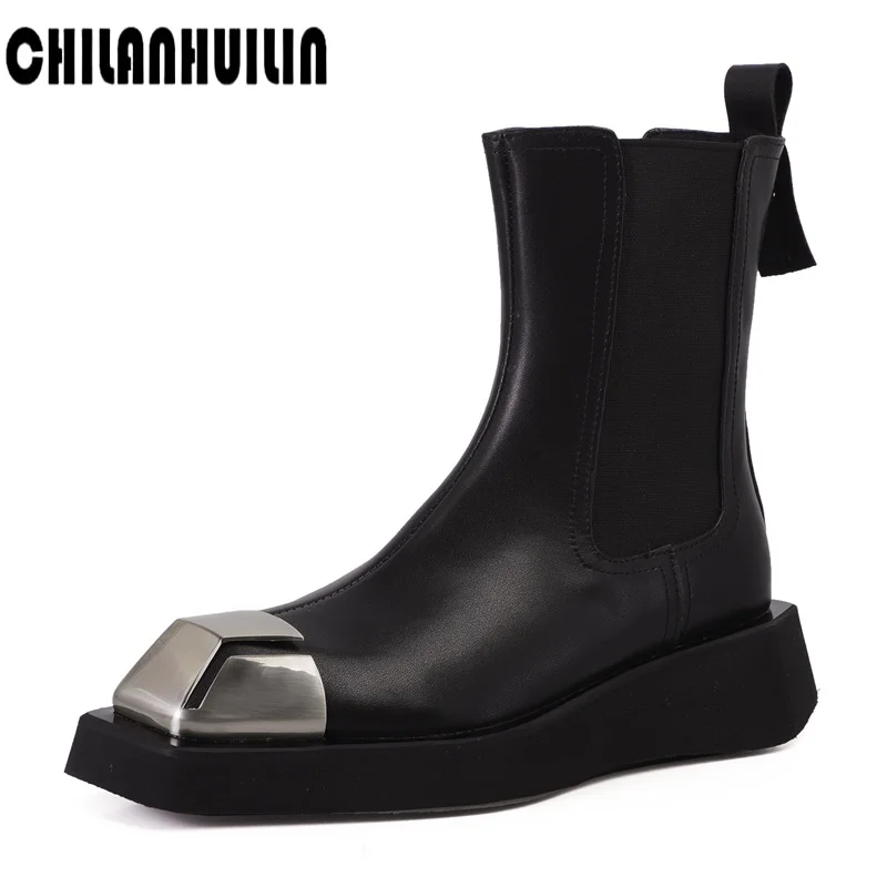 

Ботильоны женские на платформе, металлический квадратный носок, модные пикантные элегантные однотонные ботинки на танкетке, большой размер