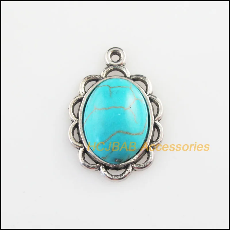 

Fashion 8Pcs Tibetan Silver Plated Flower Oval Blue Stone Charms Pendants 19.5x28.5mm