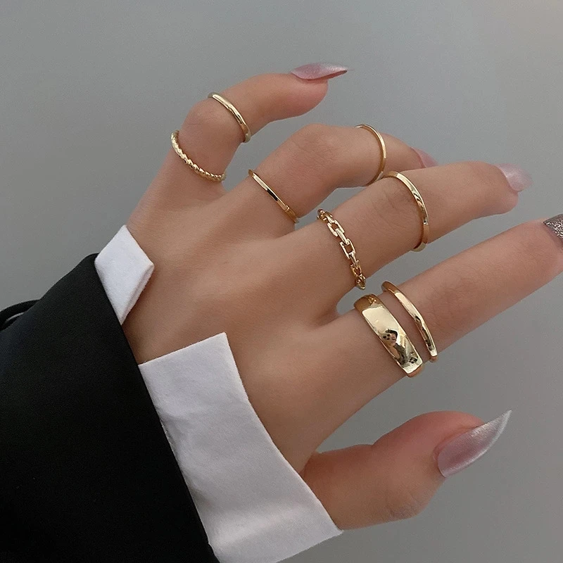 

7pcs/Set Hot Selling Fashion Metal Hollow Round Opening Women Finger Ring for Girl Lady Party Wedding Jewelry Rings