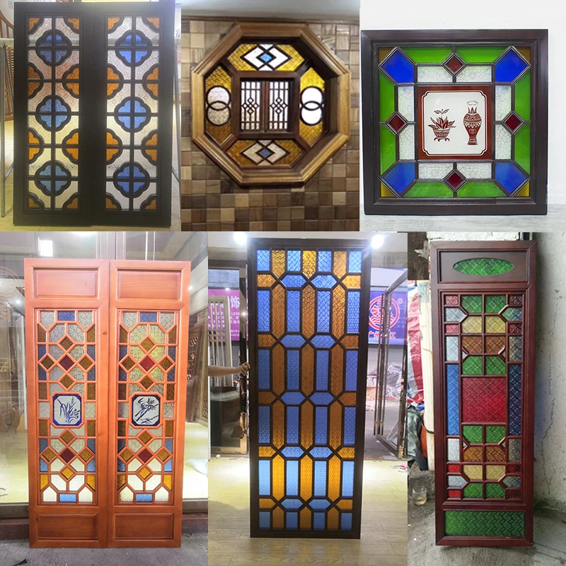 Антикварное окно из массива дерева Бегония цветное стекло тиснение