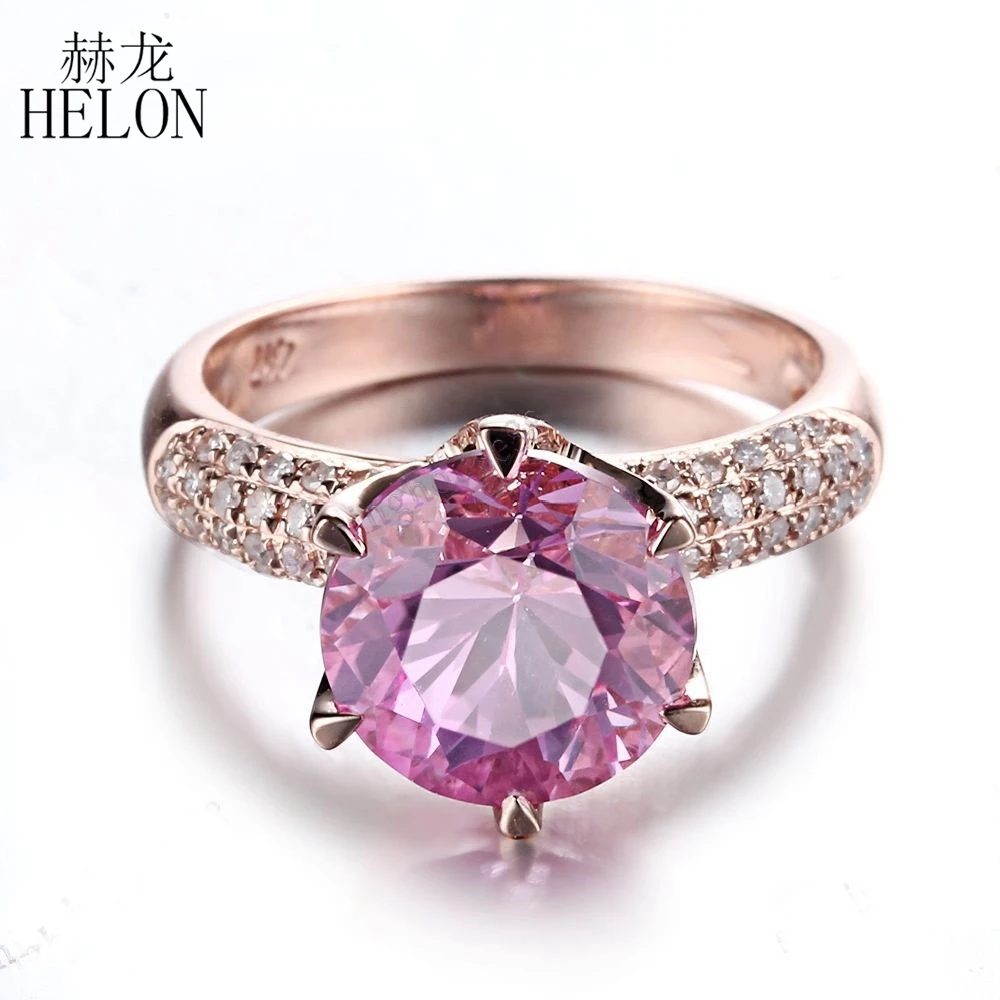 

HELON Solid 14K Rose Gold 9mm Round Pink Topaz Diamonds Engagement Wedding Ring Women Trendy Fine Jewelry Gift