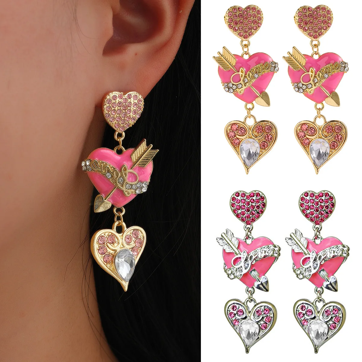 

Valentine's Day Ear Lovers Fashion Earrings Rhinestone Love Women's Earrings Pink One Arrow Heart Piercing Earrings Gift for Her