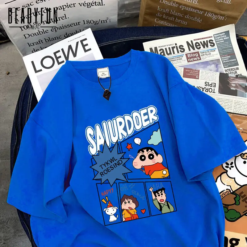 Kawaii cartoon Crayon Shin-chan short-sleeved anime t-shirt men and women summer ins all-match Klein blue cotton half-sleeve