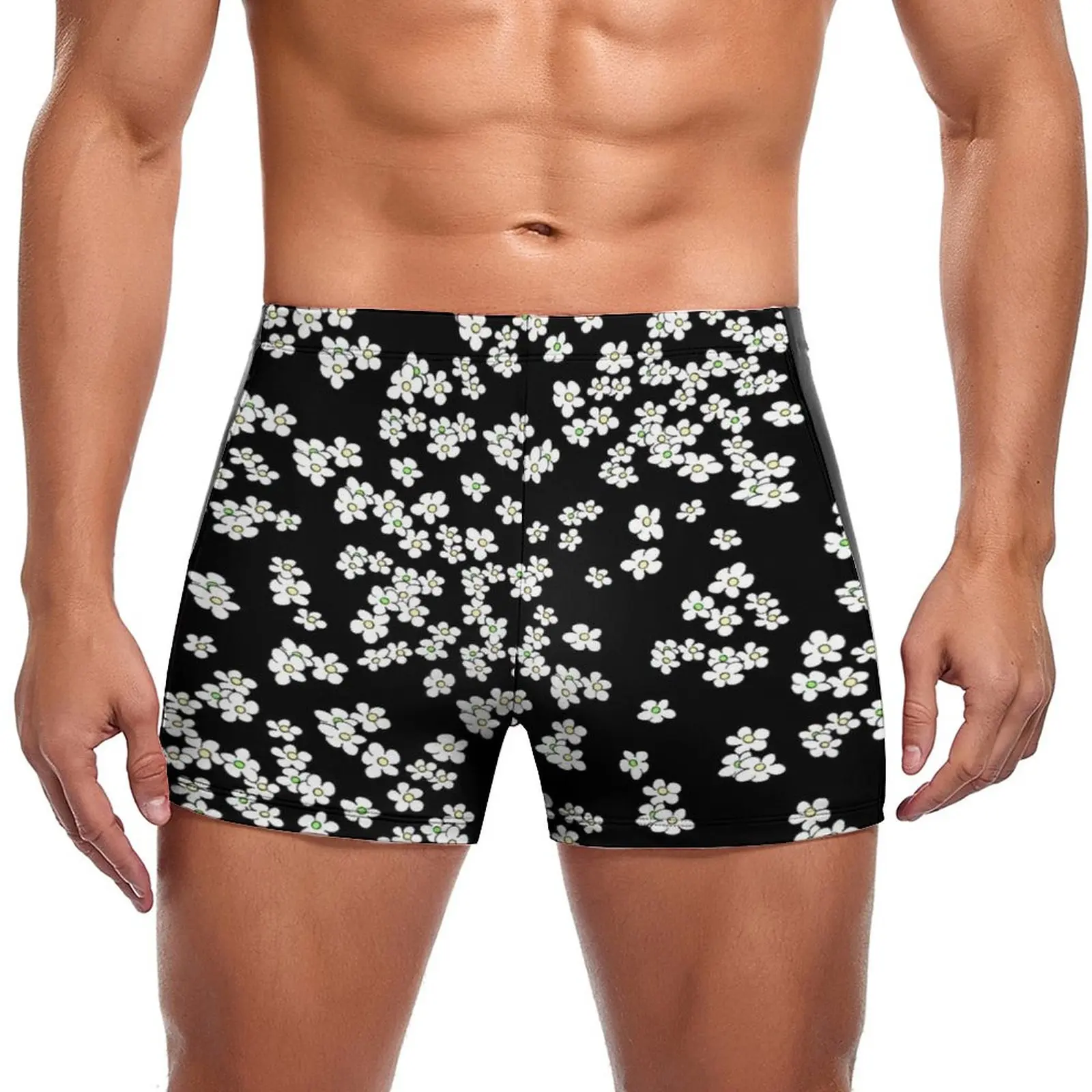 

Aussie Black And White Daisies Swimming Trunks Spring Floral Print Quick Dry Fashion Swim Boxers Large Size Training Swimwear