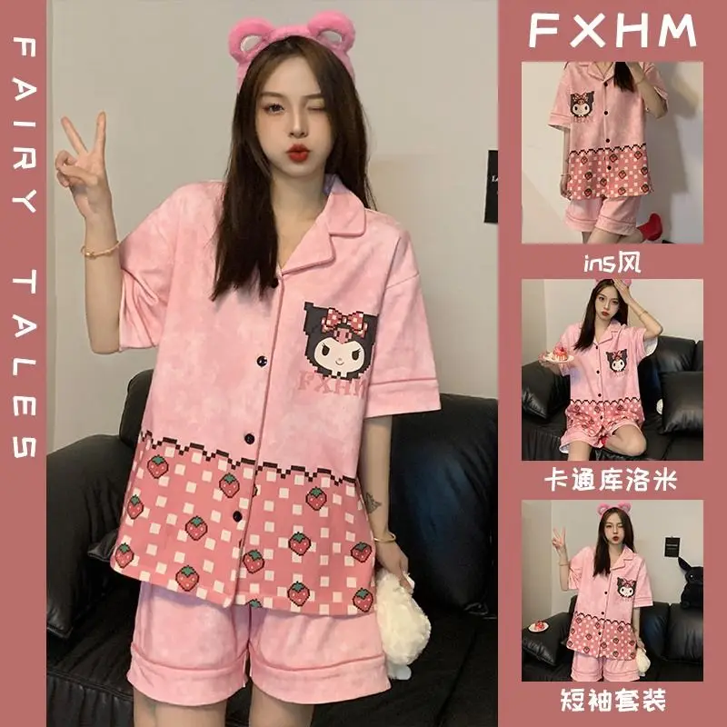 

Kawaii Sanrios Пижама Kuromi с рисунком из мультфильмов, рандомные комплекты с коротким рукавом, повседневная женская одежда для сна и отдыха