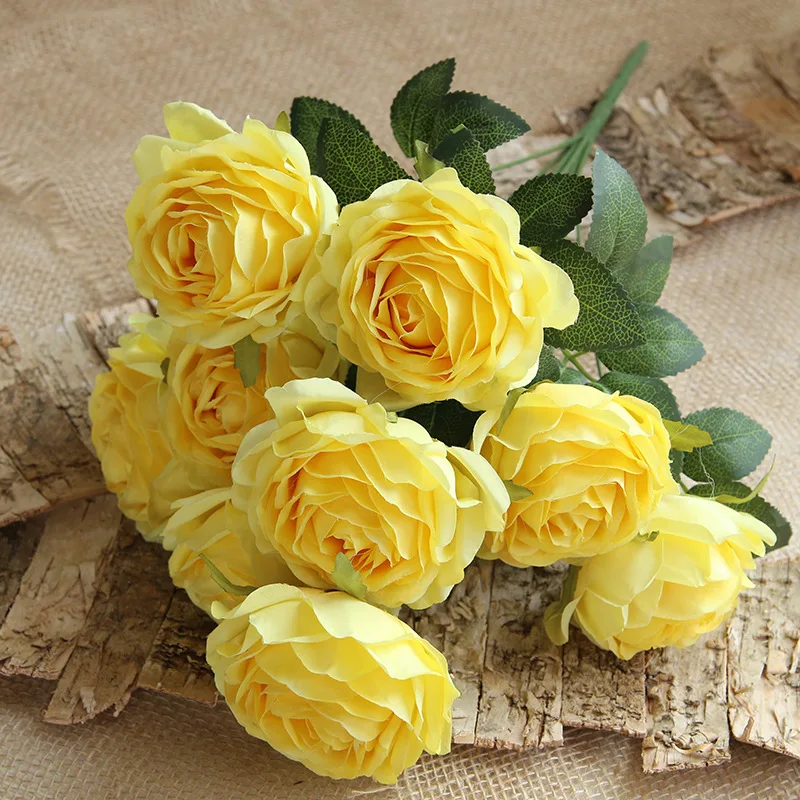 

10 Heads Yellow Artificial Flowers Home Decoration 9 Color Beauty Silk Fake Flower Especial for Wedding and Festival Decoration
