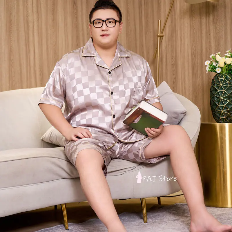 Silk Men Summer Pajama with Shorts  Leisure Tops Pyjama Sets Plus Size Pyjamas Short Sleeve Oversize Plaid Pants Satin Trousers