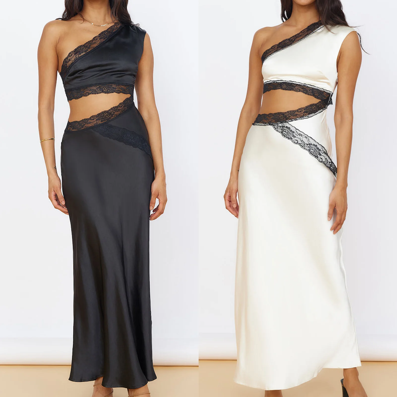 

Lady Satin Maxi Dress Zipper Cutout Sleeveless Lace Patchwork One Shoulder Neck Asymmetrical Party Clubwear Cocktail Party Dress
