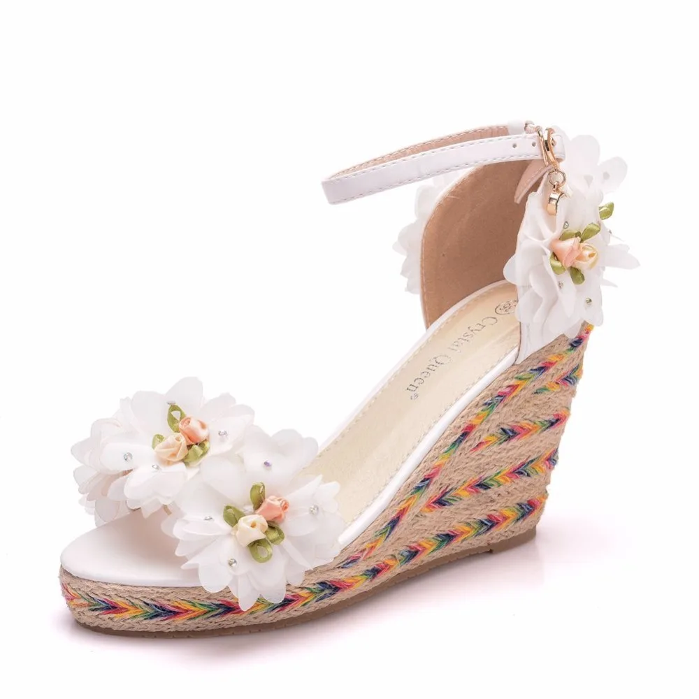 

Crystal Queen White Women Shoes Platform Wedges High Heel Sandals Lace Flower Sexy Plus Size 33-42