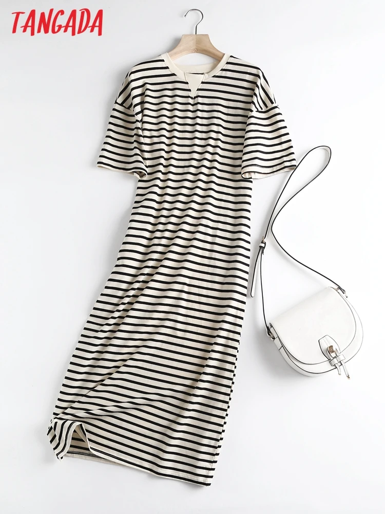 Tangada 2022 Summer Women High Quality Striped Print Cotton Midi Dress Side Pocket Short Sleeve Ladies Sundress 6D57
