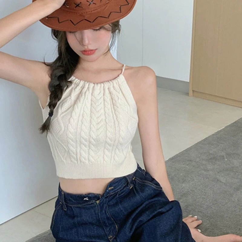 

Летний укороченный топ без рукавов с лямкой на шее, Женская Сексуальная Ажурная майка на шнуровке с открытой спиной, блузка с закрученными б...