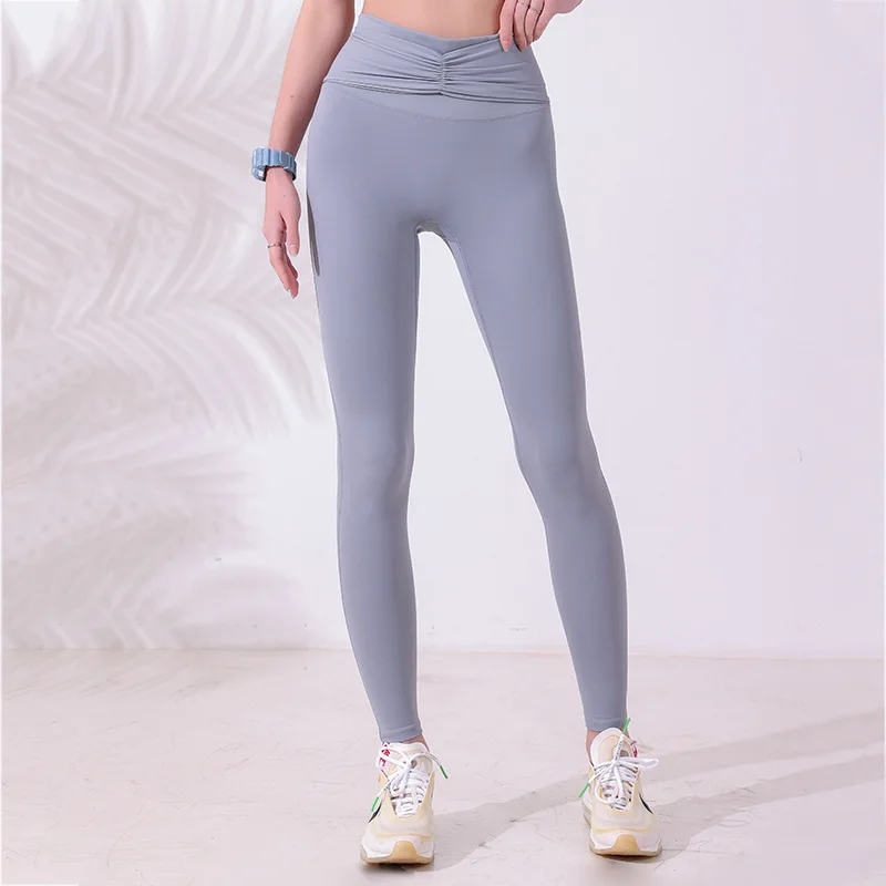 Women Sport Leggings High Waist Yoga Pants Hip-Lifting Pleated Pant Quick Dry Running Trousers Elastic Gym Fitness Tights Female