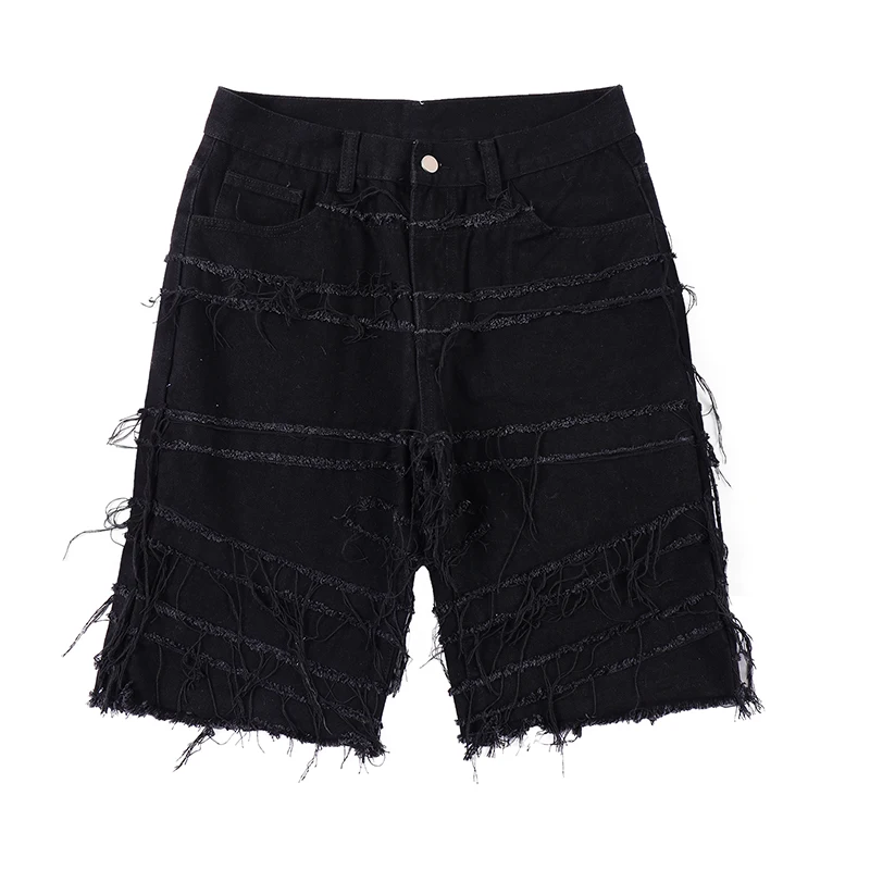 

Джинсовые шорты мужские в стиле ретро, прямые повседневные строгие брюки из потертого денима в полоску, с бахромой, белые черные, в стиле Хай...