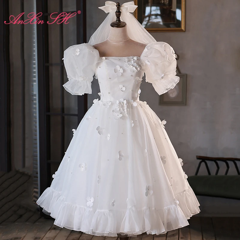 

AnXin SH princess white rose flower lace sweetheart beading pearls ball gown puff sleeve bride evening dress little white dress