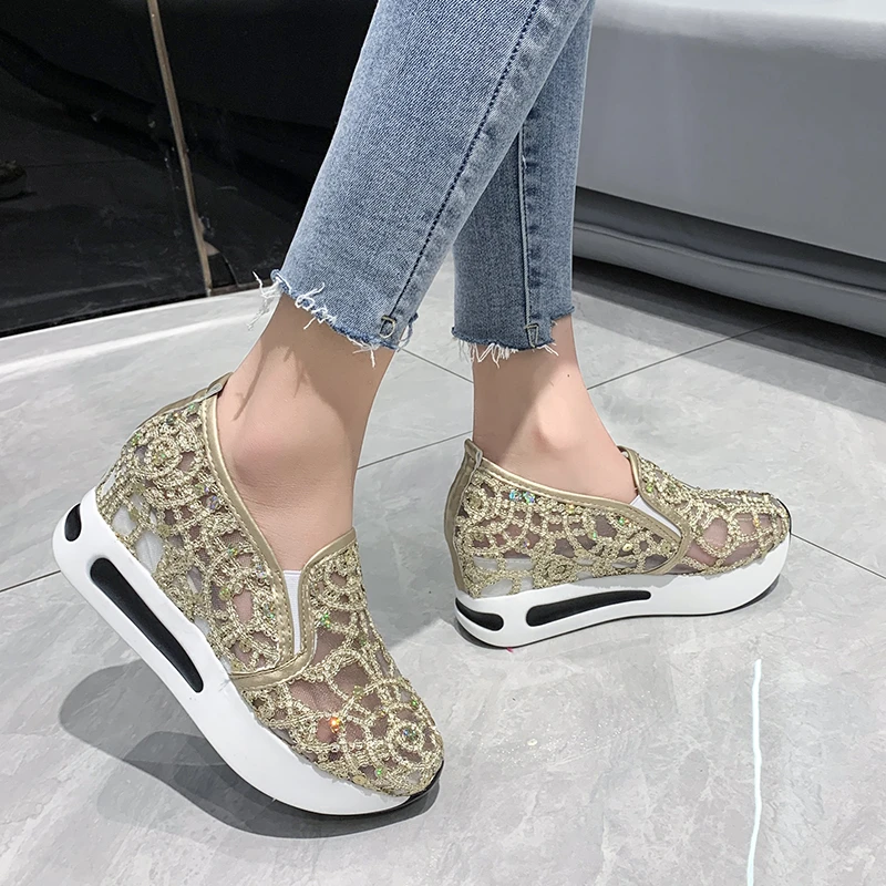 Women's Summer Lefu Shoes Korean Edition Lace Mesh Small White Shoes Casual Fit High Heel Elevated Vulcanized Women's Shoes
