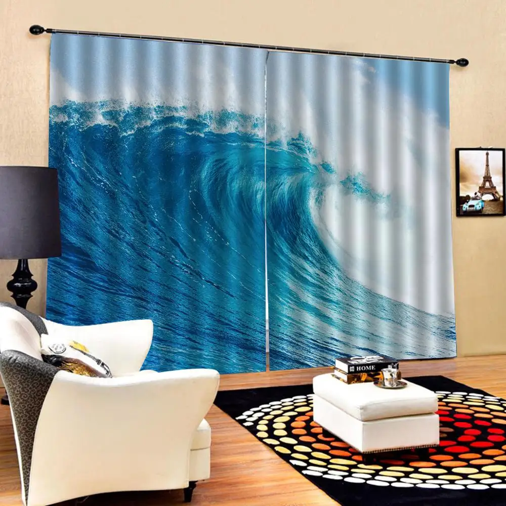 3D занавеска с принтом блокаровки полиэстеровые синие обои для комнаты волнистые