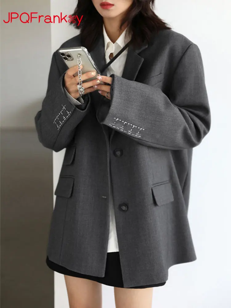 

Autumn 2023 New Casual High-grade Suit Heavy Work Cuff Embroidery Silhouette Wide Shoulder Twill Suit Women Autumn Blazer Women