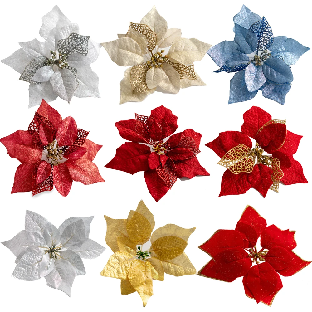 

5 шт. 22 см блестящие искусственные рождественские цветы поддельные елочные украшения цветок свадебные новогодние рождественские украшения...