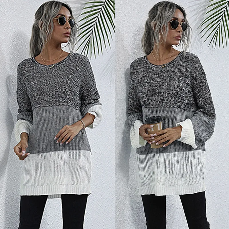 

Women Loose Color Blocked Sweaters Autumn Female Knitted Thin Jumpers O Neck Long Pullovers