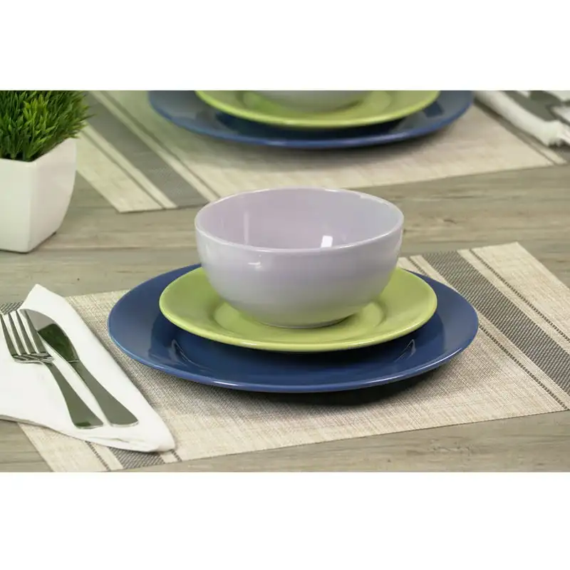 

12-Piece Round Stoneware Dinnerware Set, Cool Tones