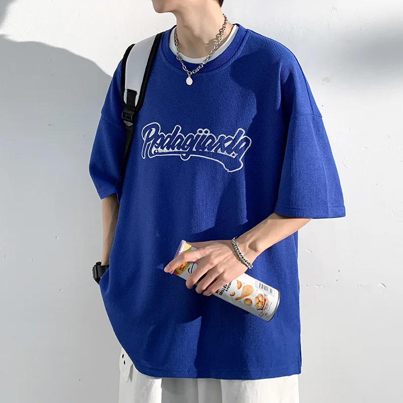 

2022 Summer New Men's T-Shirts Waffle Polyester Brazed Letter Embroidery Short Sleeves Large Size Half Sleeves T-Shirts