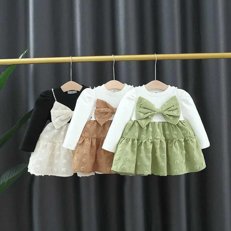 

Baby Girls One Piece Dress Autumn 2022 Long Sleeve Patchwork Bow Children Pleated Cute Dresses Kids Clothes Vestidos