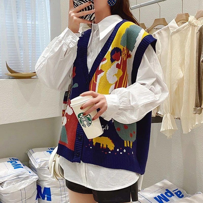 

Fashion Women Single Breasted Japan Style Knitted Sweater Vest New Kawaii Warm Tops Indie Cartoon Harajuku V-Neck Cardigans Vest