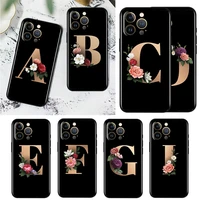 gold floral alphabet font for apple iphone 13 12 11 pro max mini xs max x xr 6 7 8 plus 5s se2020 soft tpu black phone case capa