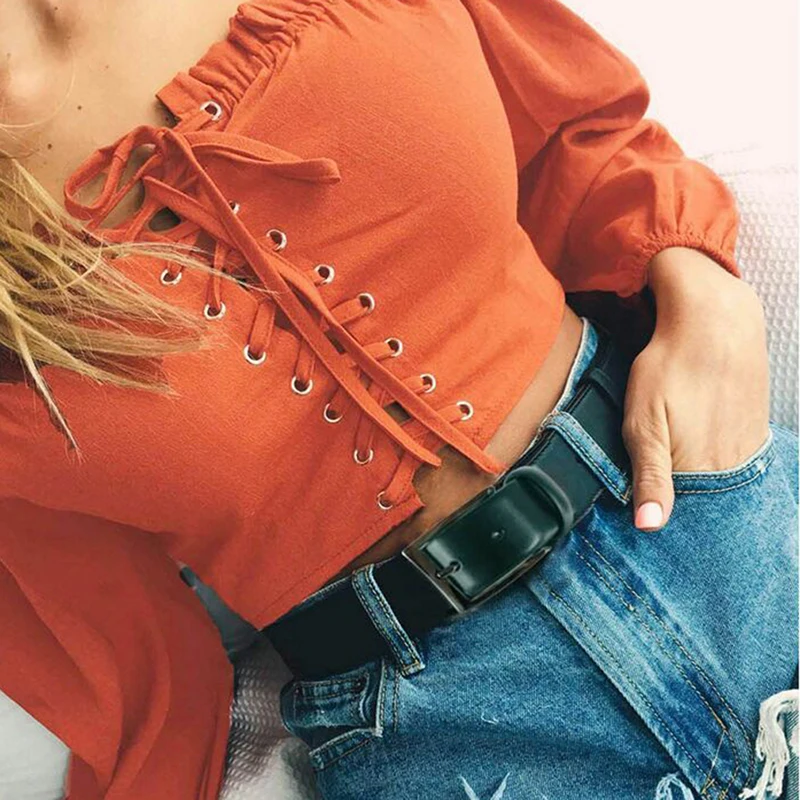 

Fashion Women Off Shoulder Tee Shirts Sexy Ruffles Long Sleeve Office Shirts Casual women's Lace Up T-Shirts For Women Tops Tees