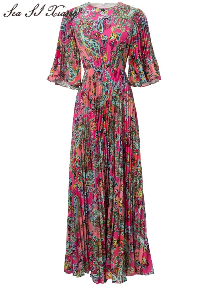 Seasixiang Fashion Designer Spring Summer Dress Women O-Neck Flare Sleeve Flowers Print  Vintage Pleated Long Dresses