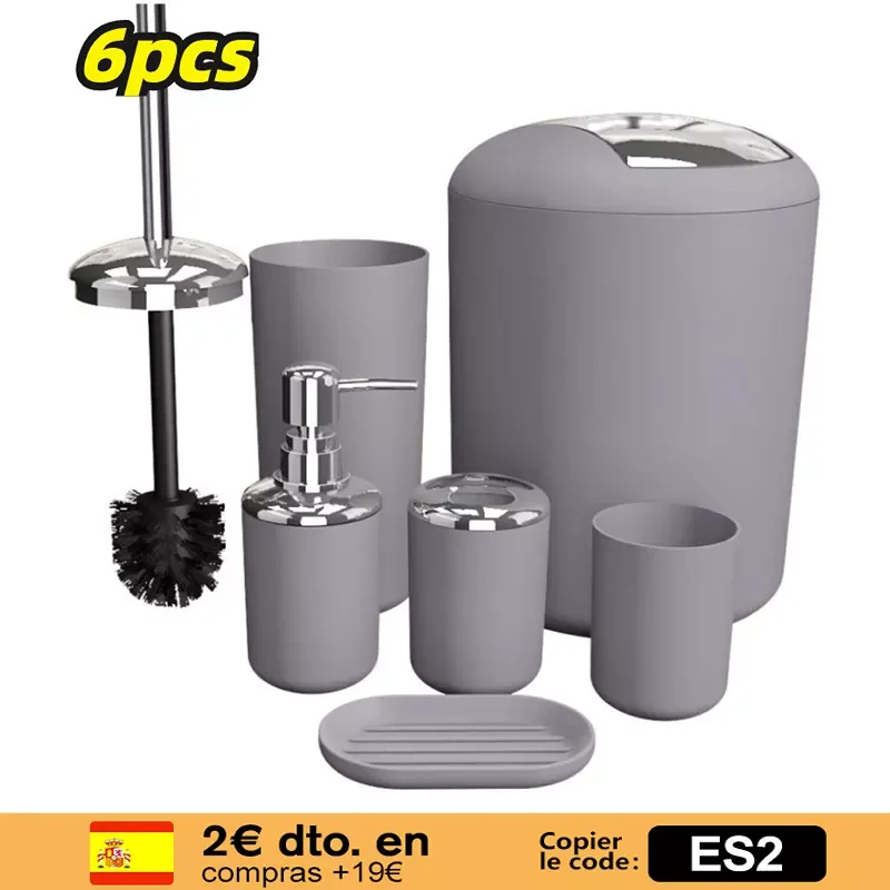 

6Pcs Bathroom Accessories Set Bath Ensemble Soap Dish Trash Can Toilet Brush Tumbler Cup Necessities Kit Bathroom Accessories