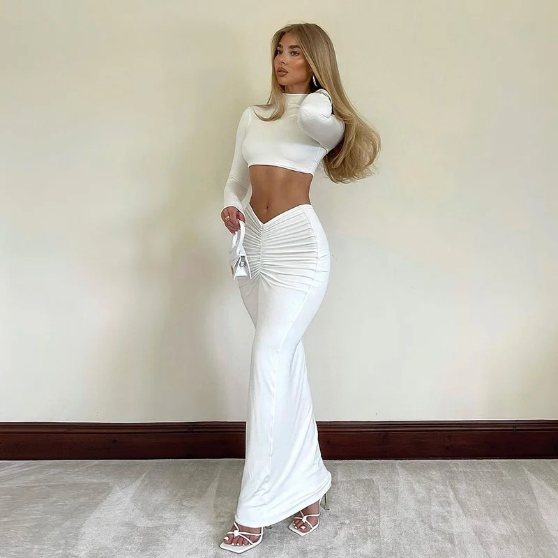 

Sexy 2 Piece Set Outfits for Women Club Party Top and Dress Sets Elegant White Long Sleeve Long Ruched Matching Sets maxi skirt
