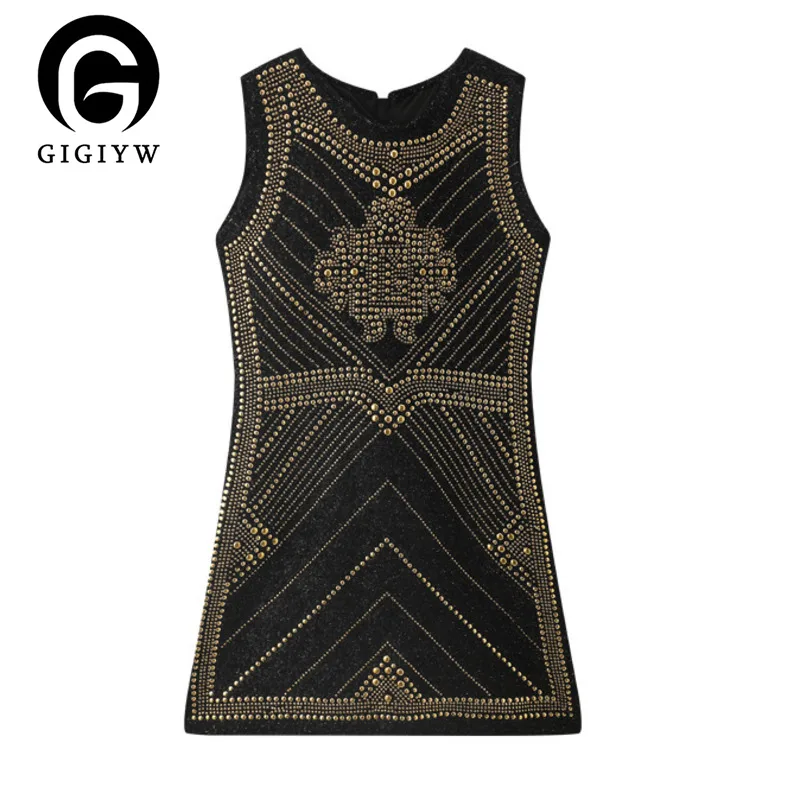 

GIGIYW Newest 2022 Designer Stylish Fashion Women Sleeveless Luxurious Metal Rivet Beaded Tweed Dress Vintage Robe Femme