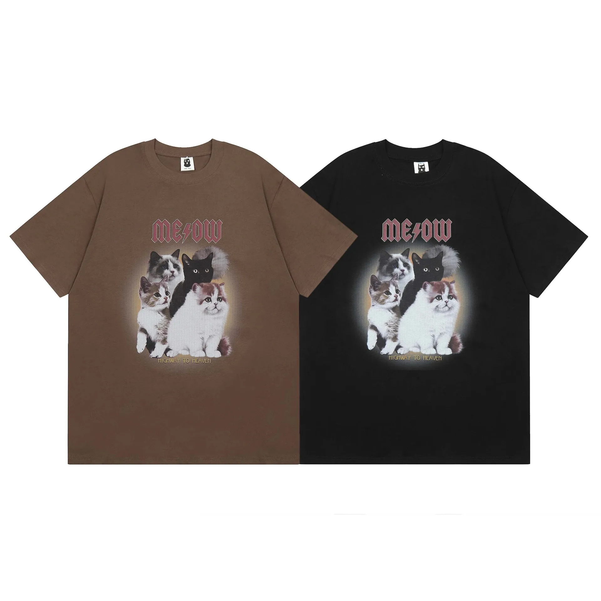 

America Chic Men's T-shirt Meow Cut Cat Print Summer Cotton Top Short Sleeve Fashion Couple Loose Oversized Clothes Korean Style
