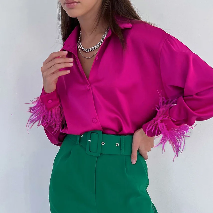 

Fashion Women's Feather Embellishment Long Sleeve Blouse Ladies Lapel Design Button Closure Loose Fit Casual Shirt Tops